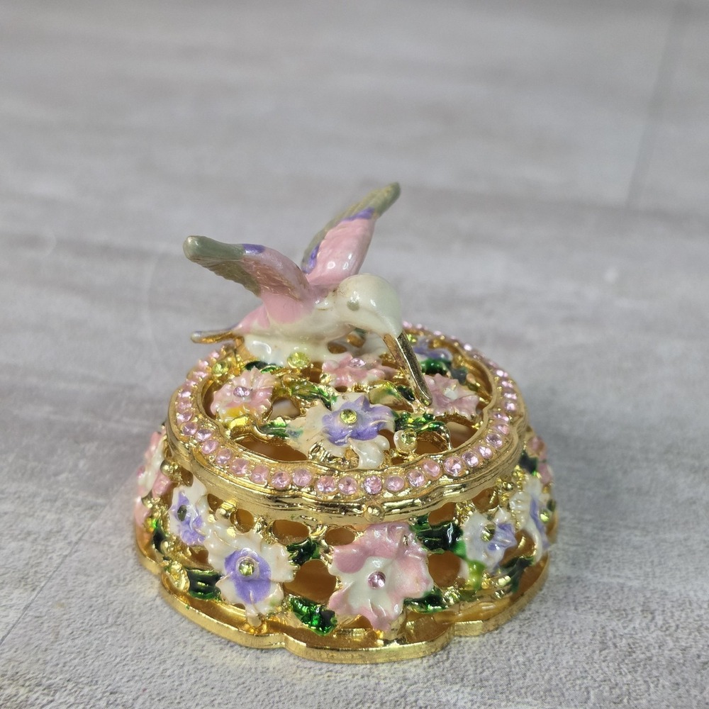 Enameled Trinket Box Hummingbird Floral Rhinestone Gold Tone Jewelry Keepsake